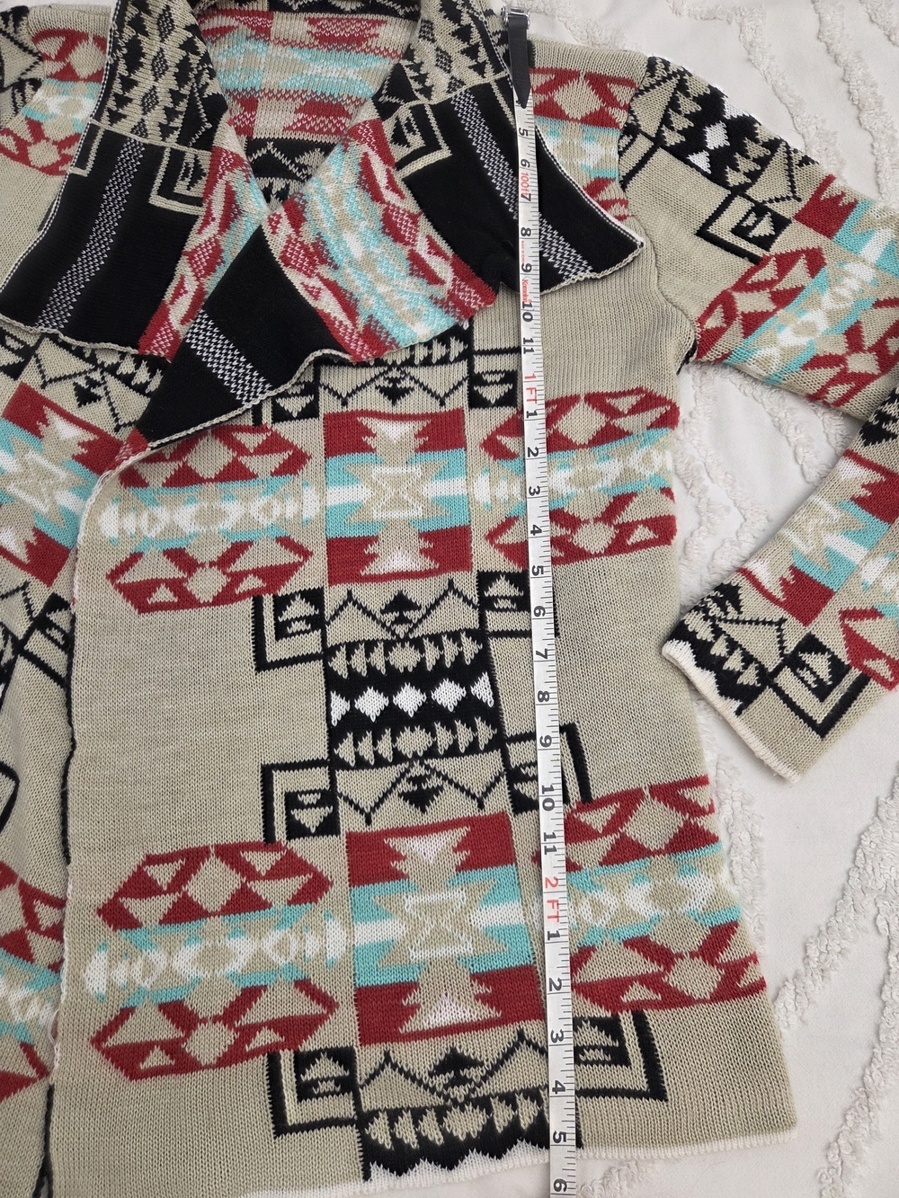 Native Aztec-Pattern Open-Front Cardigan - Cream, Red & Turquoise - Picture 4 of 6